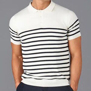 Paul James Cream & Navy Breton Striped Shortsleeve Polo